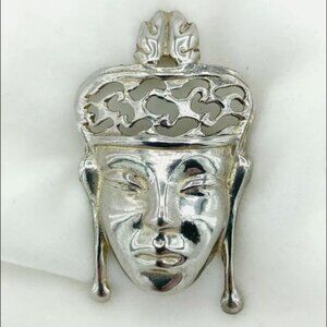 VintageSterling Silver Brooch Siam ASIAN MASK Face Head Brooch Cast 2.5 inches
